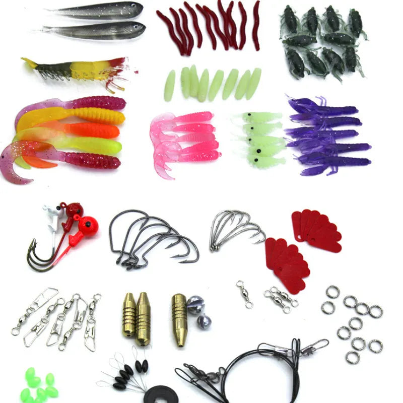 132-piece fishing lure suit with plastic baits and high carbon steel hooks in rose red colour