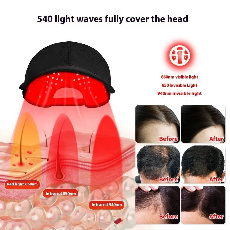 Black infrared peaked hair growth cap with 180 LED lights for red light therapy treatment