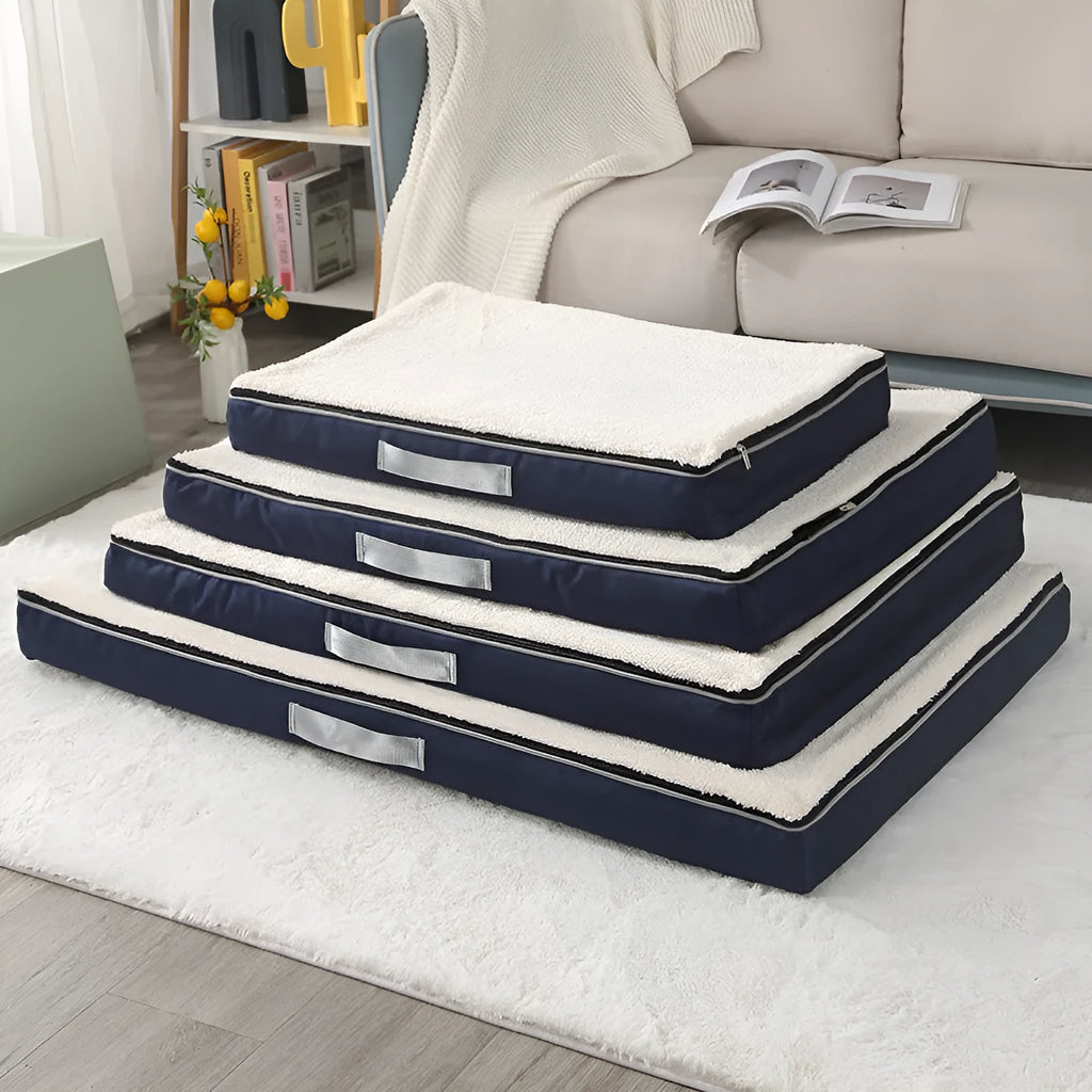 Removable cover memory foam dog mat in khaki, shown in a 90x70x10cm size.