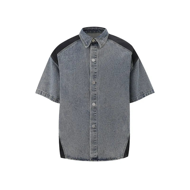 Retro washed denim suit set with short-sleeve jacket and matching trousers in blue colour