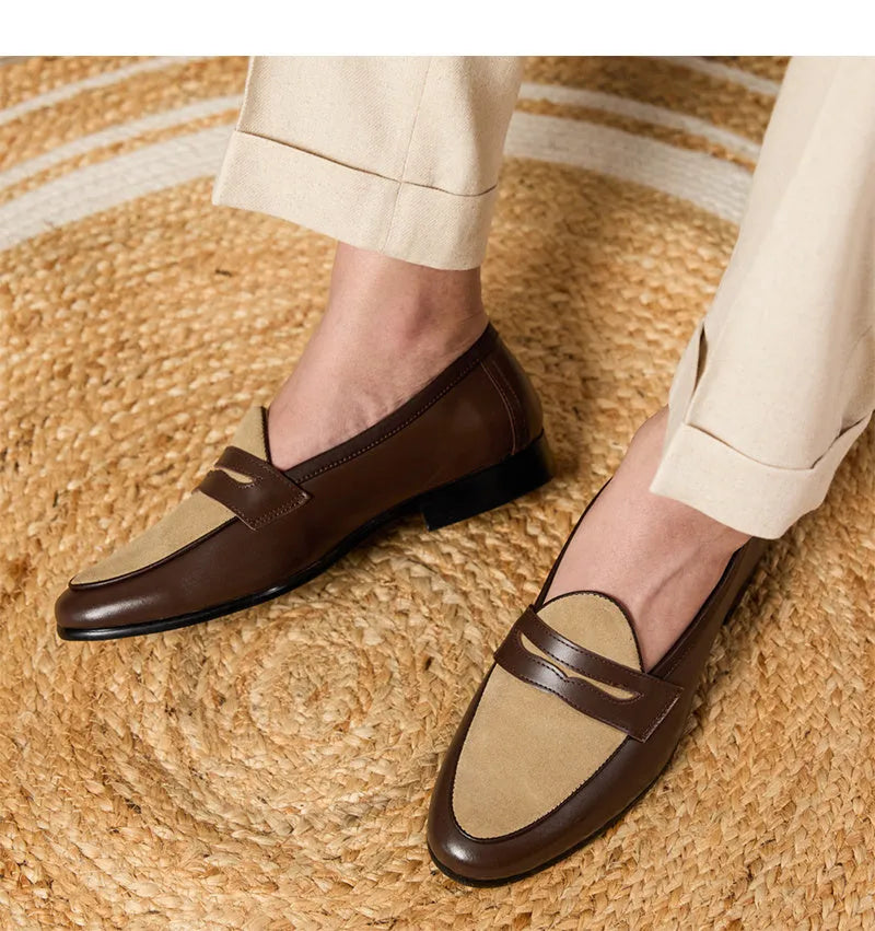 Coffee grey British style loafers with suede leather uppers and slip-on design