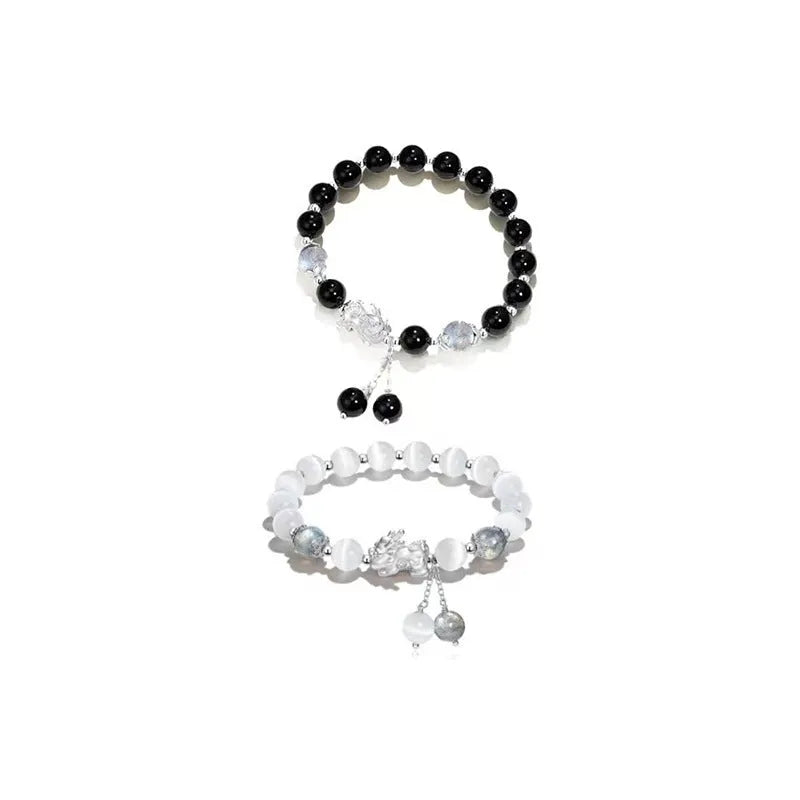 Handmade natural black agate and grey opal couple bracelet set with 10mm wave beads