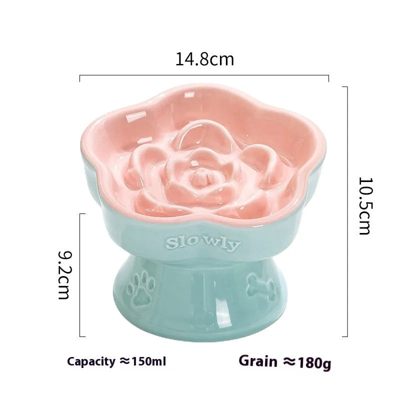 Ceramic pet bowl with high foot design showing anti-tumble stability feature