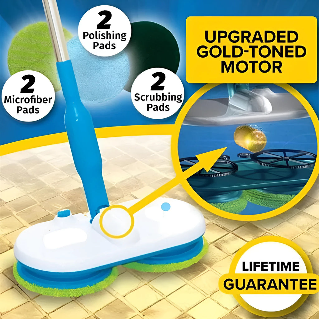 Household wireless electric floor mop with USB charging port and assorted microfiber, polishing, and scrubbing cloths.
