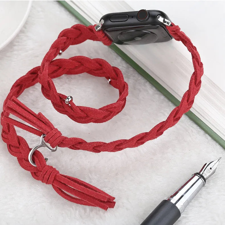 Genuine leather cord braided smart watch strap for iWatch in Black, Brown, Dark Brown, Green, Pink, and Red sizes 38/40/41mm and 42/44/45mm