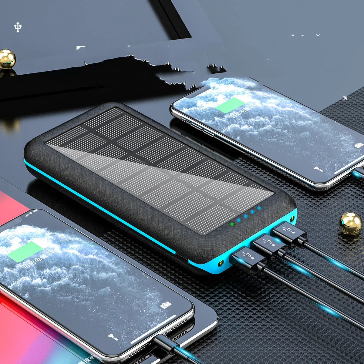 Black solar power bank with wireless Qi charging pad, three USB ports, and an LED flashlight
