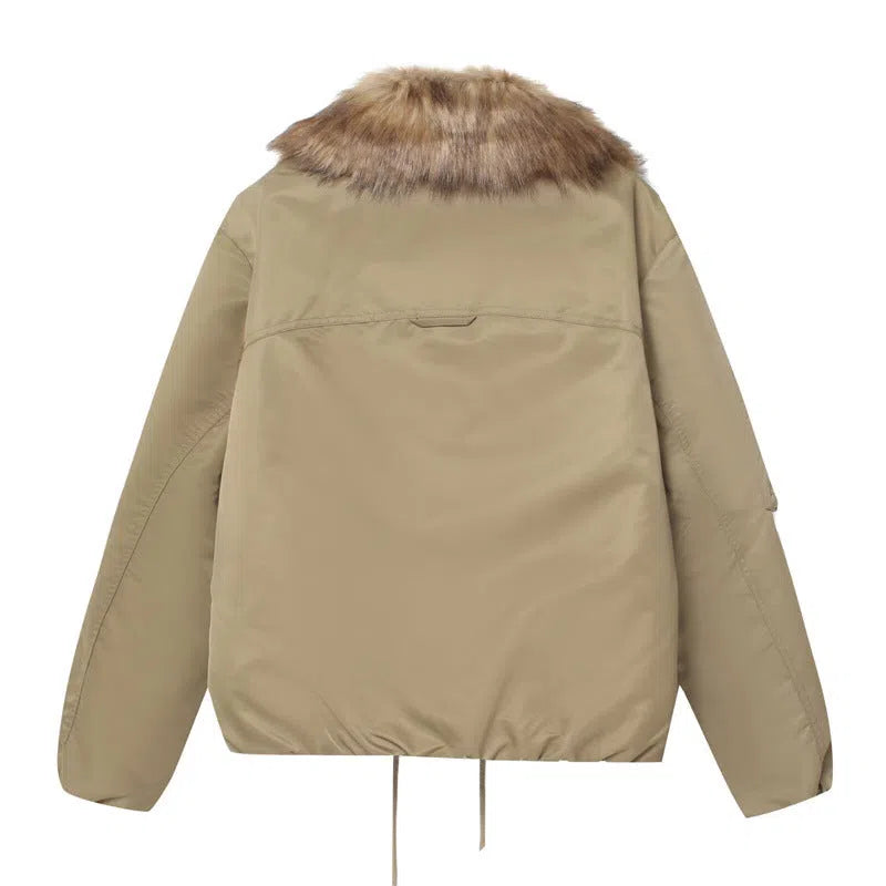 Women's khaki detachable fur collar PU cotton coat with long sleeves and zipper closure