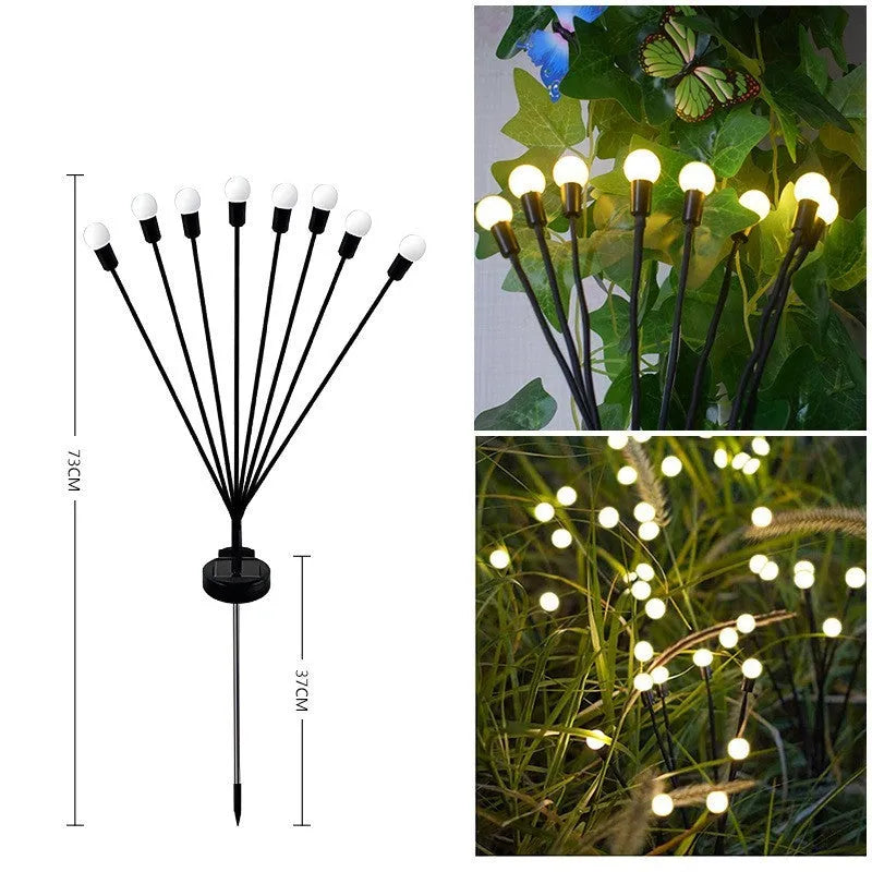 Solar-powered LED firefly ground lights with stainless steel stake for garden installation