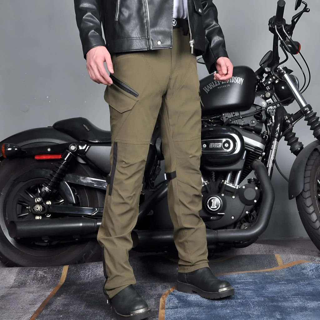 Men's waterproof black cycling trousers with removable protective gear for motorcycle use