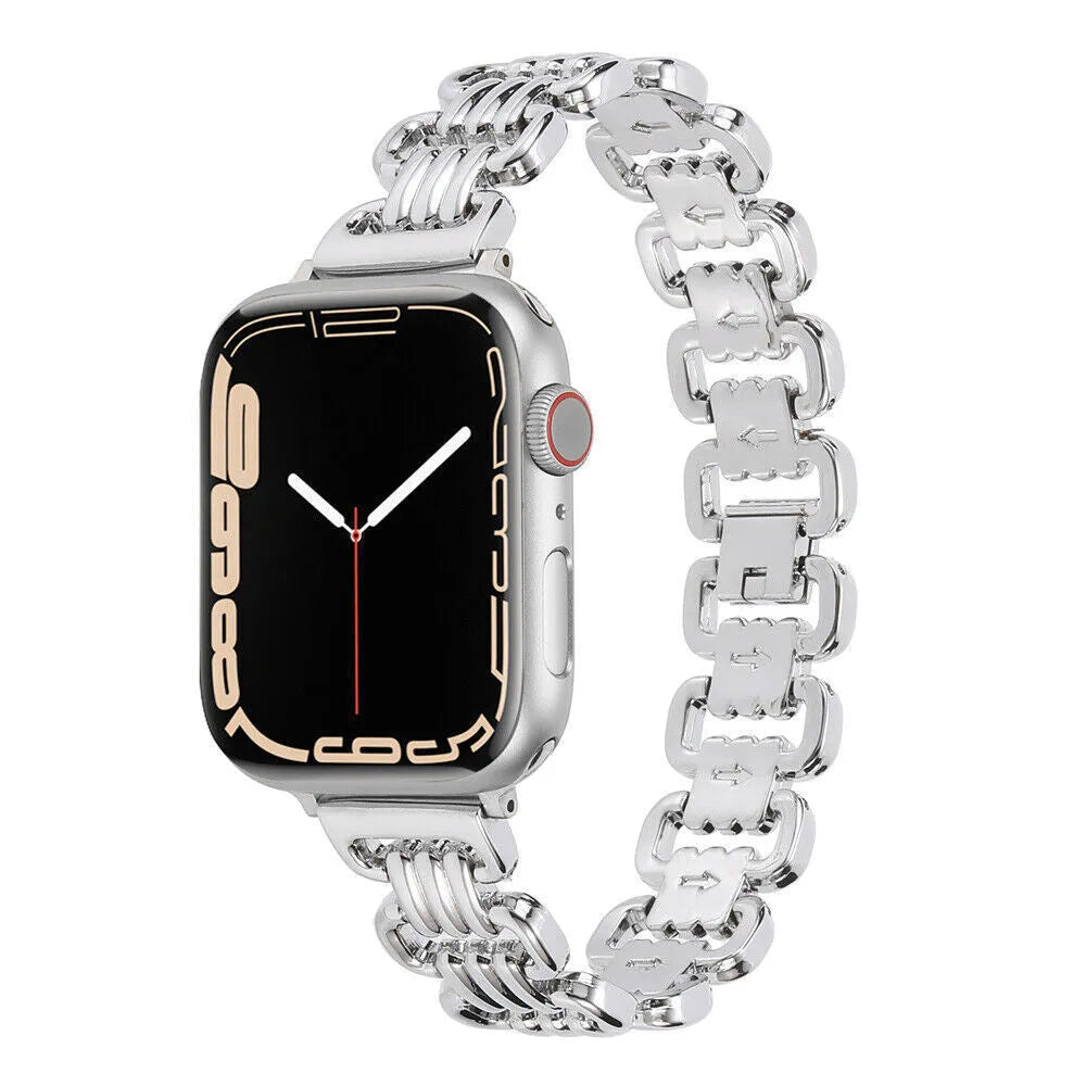 Alloy metal Apple Watch replacement bracelet in silver, black, gold, rose gold and Starlight colours.