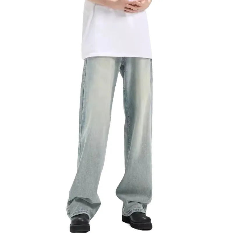 A pair of loose-fitting blue retro trousers made from rabbit fur fabric.