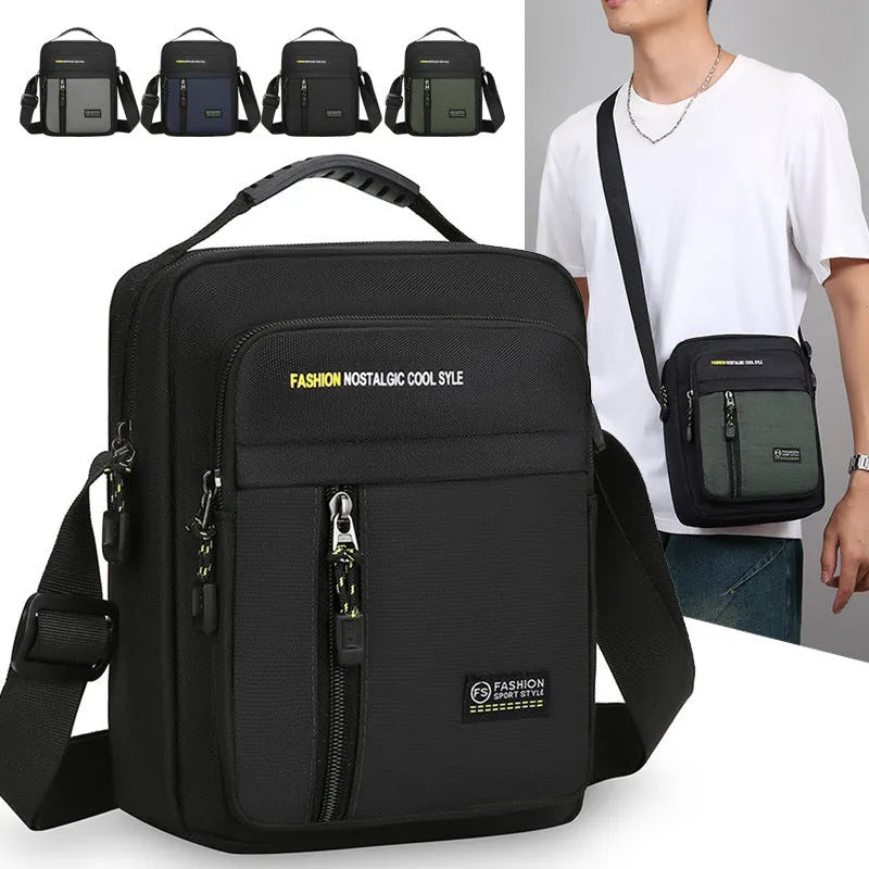Men's casual outdoor messenger bag in nylon with crossbody strap and sewing thread details