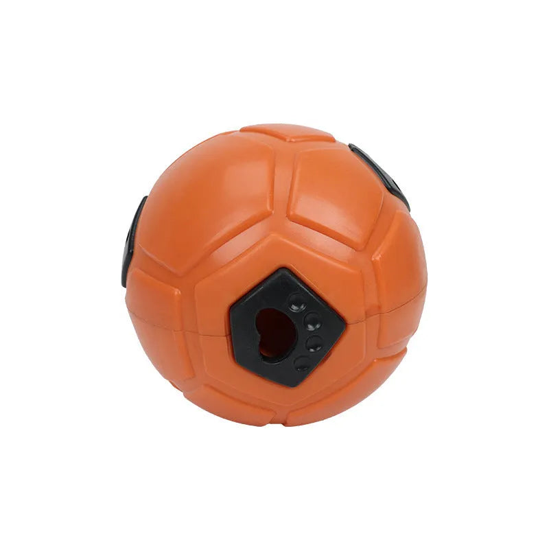 TPR dog chew toy ball in orange and white colours showing hollow style and teeth cleaning rod variations