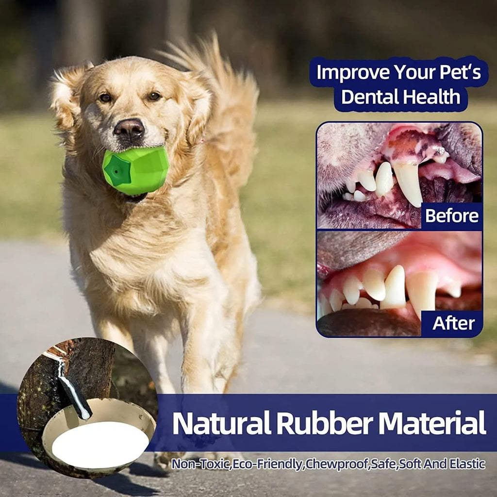Green natural rubber dog ball chew toy with squeaker for medium and large breed aggressive chewers