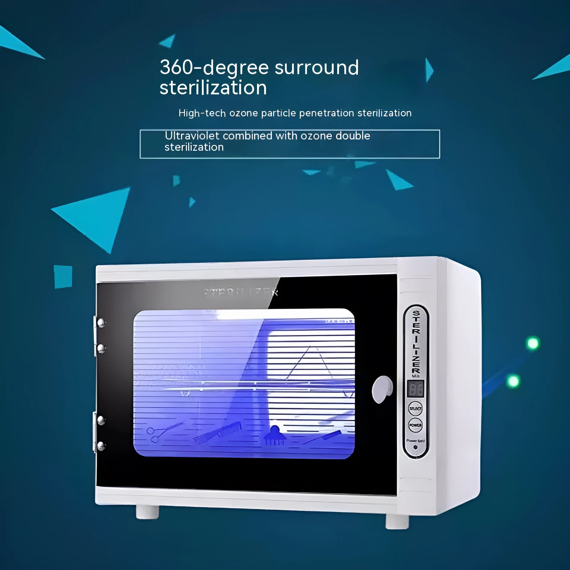 Small silver ultraviolet sterilizer with stainless steel chamber for salon tool hygiene.