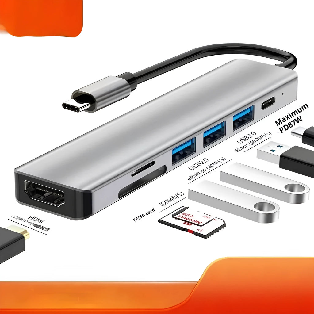 USB-C 7-in-1 expansion dock with HDMI port and USB 3.0 connections on a 15cm cable