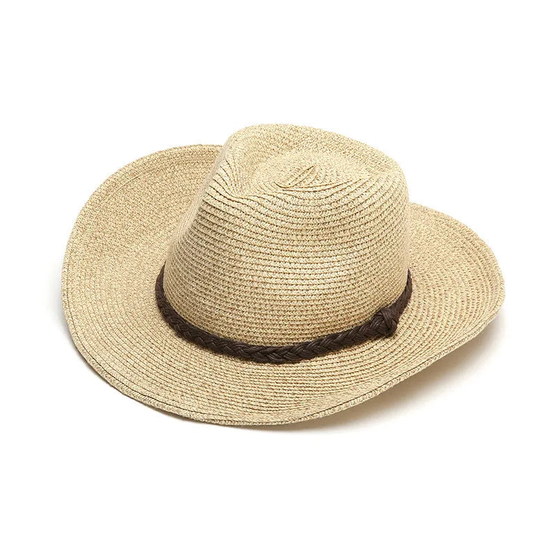 Man's foldable big brim straw sun hat in beige, shown flat and folded, with size tags for 58cm, 60cm, and 62cm.