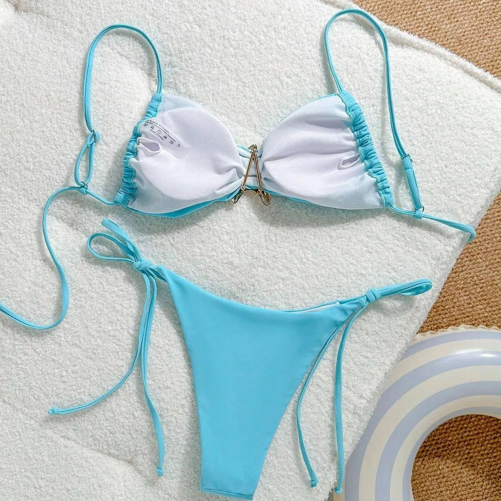 XINGX women's split bikini set in sky blue with backless briefs and high elasticity fabric