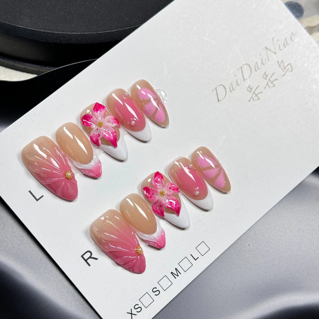 French style 3D nail art decals with fluid ice flower and lily designs in plastic almond shape wearables