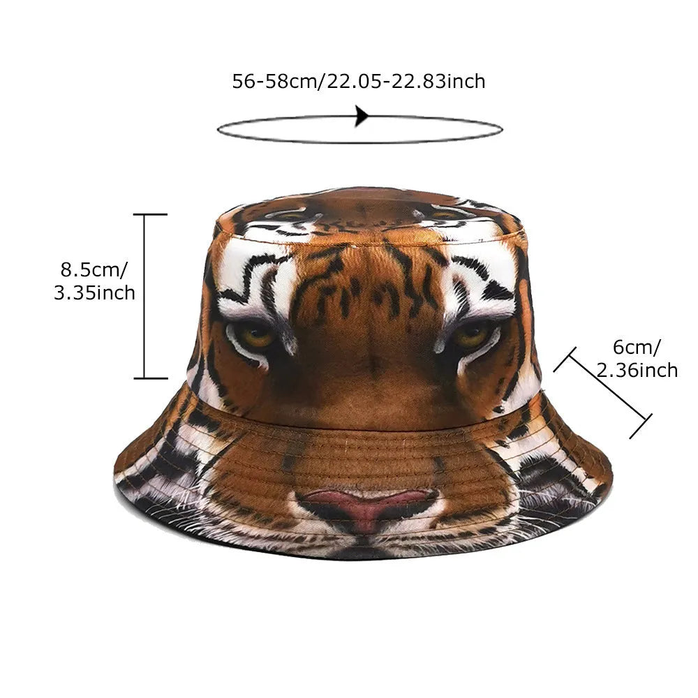Retro tiger print bucket hat in khaki colour with dome crown for sun protection.