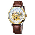 Gold shell mechanical watch with brown leather strap and white dial on a wrist