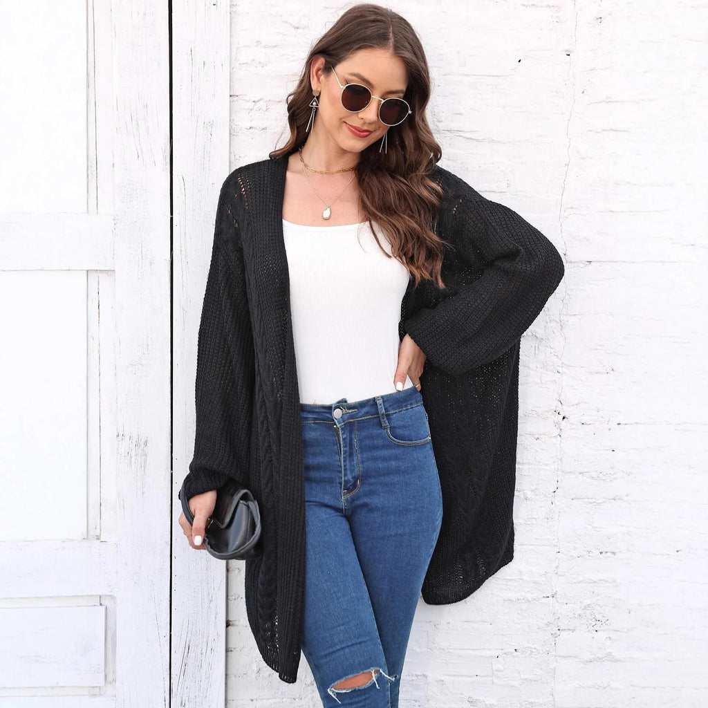 Women's loose casual acrylic sweater coat in army green, black, brown, light grey or rose red