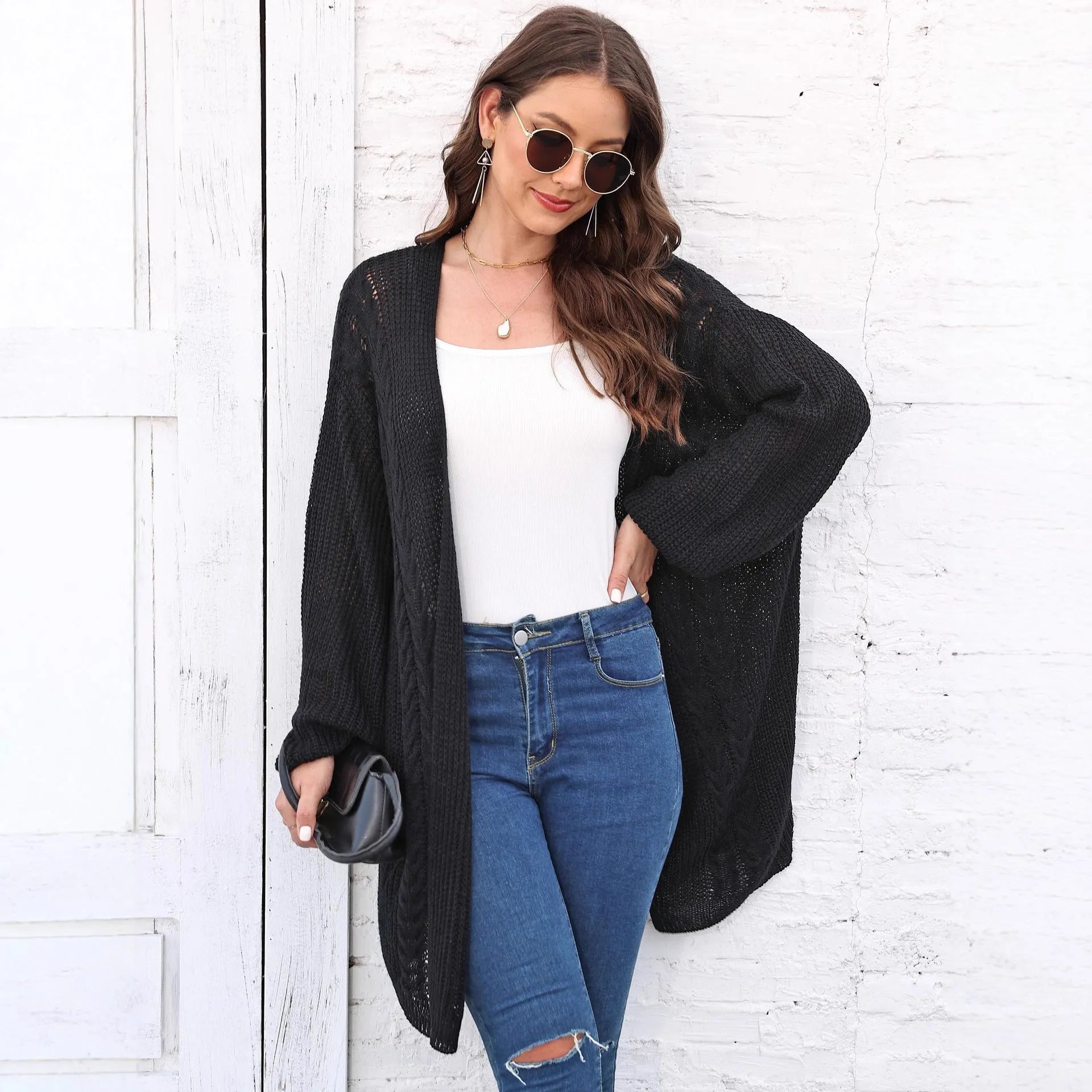 Women's loose casual acrylic sweater coat in army green, black, brown, light grey or rose red