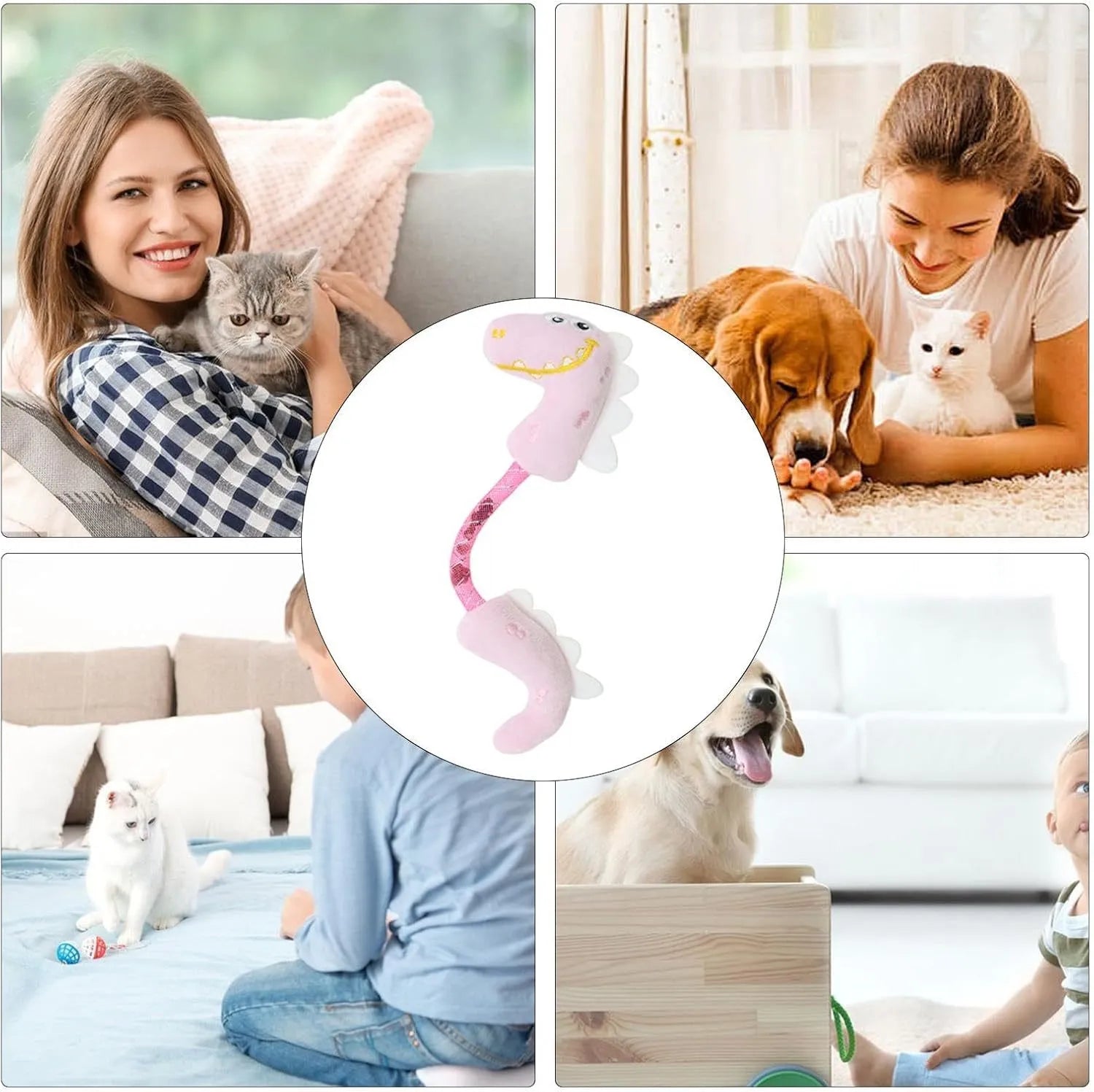 Set of four cat toys including rope, spring, kicker and plush mouse toys in pink, purple or yellow colours