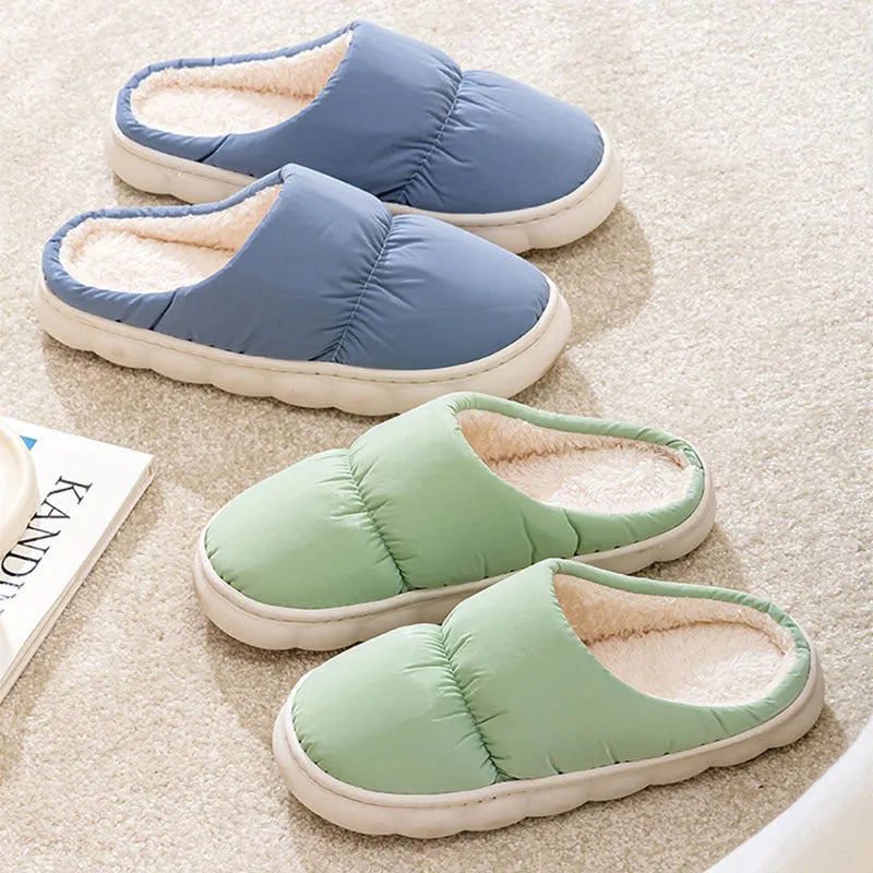 Down cotton slippers with artificial leather upper and thick rubber soles in multiple colour options