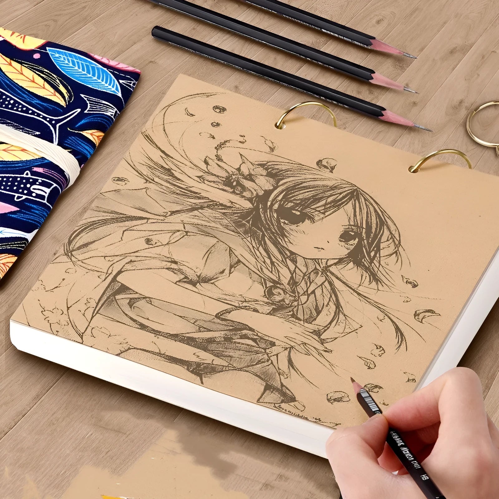 8K thickened sketchbook with 70 sheets coil bound open to a marker drawing page