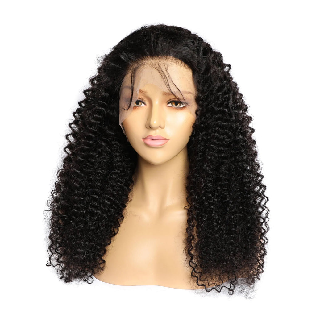 Curly human hair wig with lace frontal shown in various lengths from short to long.