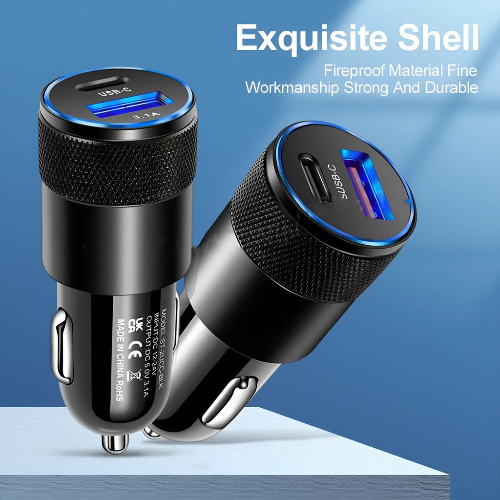 Aluminium alloy mobile phone car charger measuring 2.5 by 6 centimetres