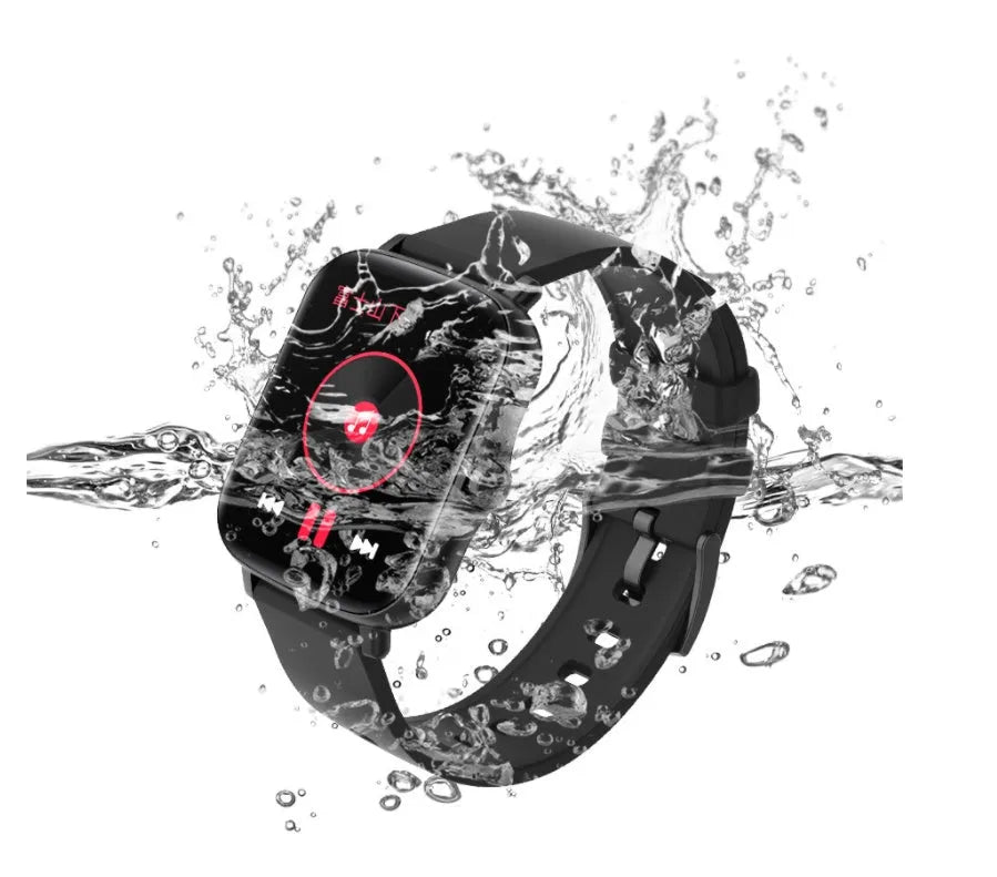 Black smart watch with 1.7-inch colour touchscreen on an adjustable strap, showing a fitness tracking interface.