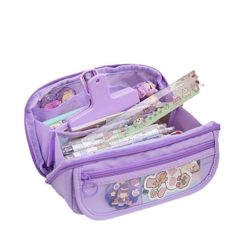 Korean style canvas pencil case unfolded to show ten-layer flip design in milky white colour