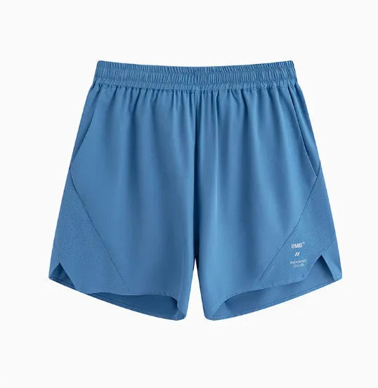 Men's black running shorts with four-sided stretch fabric and laser stitching detail