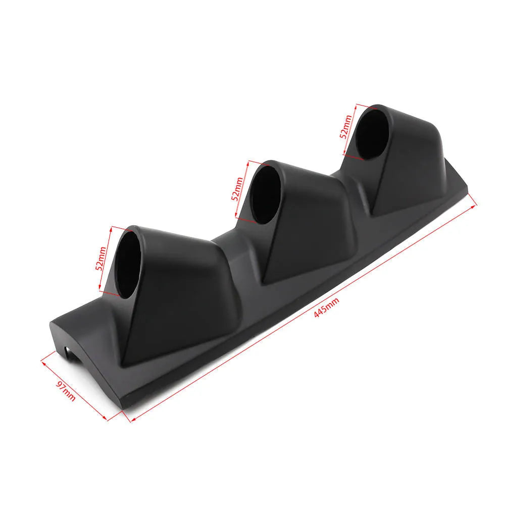 Black ABS plastic three-hole instrument stand for 52mm car gauges, right-hand drive configuration.