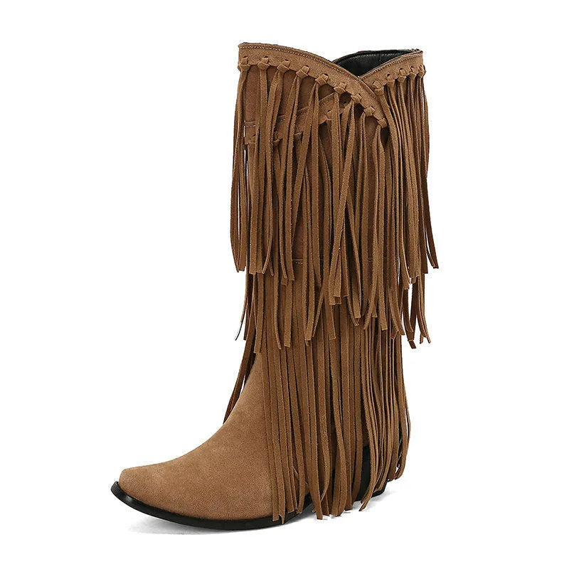 Women's beige suede mid-calf boots with a chunky heel, tassel detail, and square toe