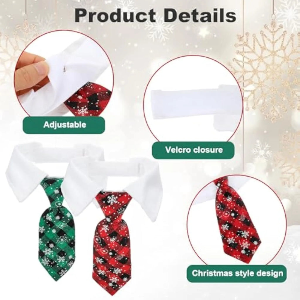 Adjustable Christmas dog necktie with red plaid and snowflake pattern on a white background