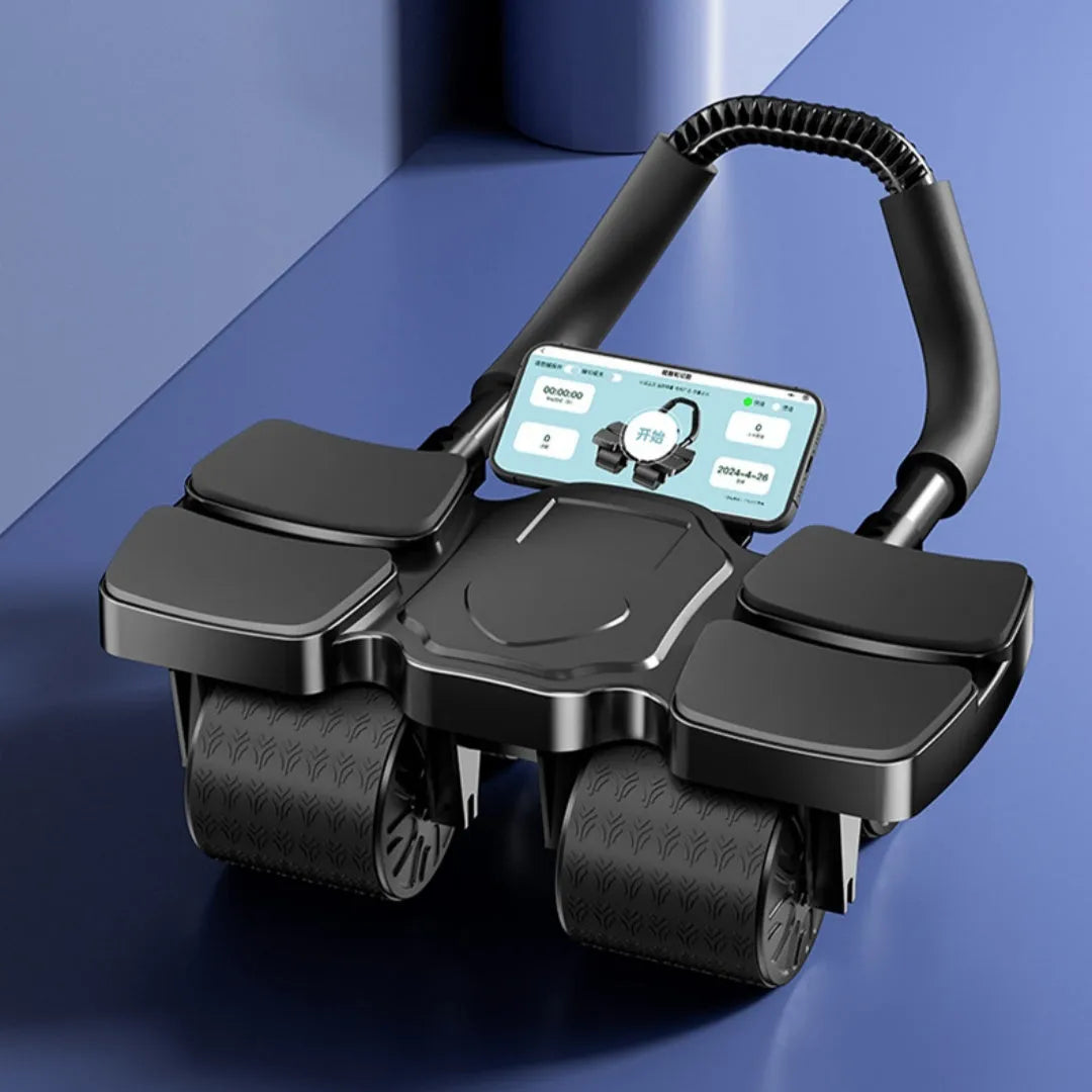 Black automatic rebound abdominal wheel with four wheels and smartphone showing fitness app