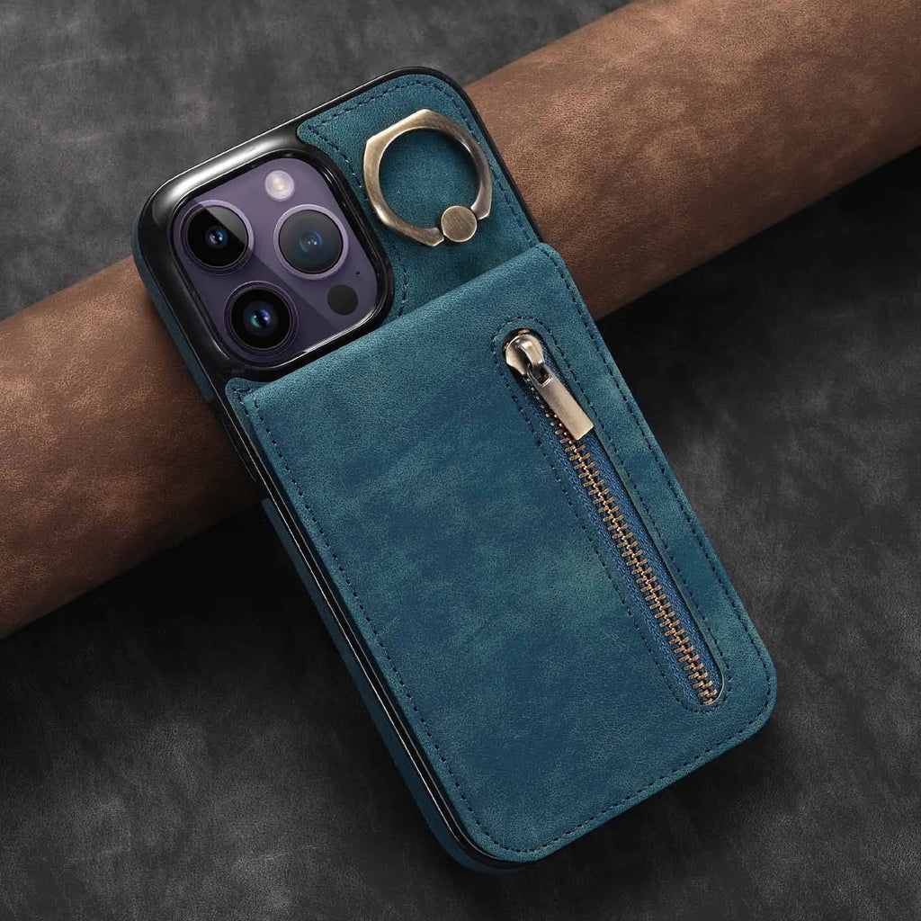 Vintage ring zipper card anti-theft swiping phone case in black, with bracket and lanyard, for iPhone