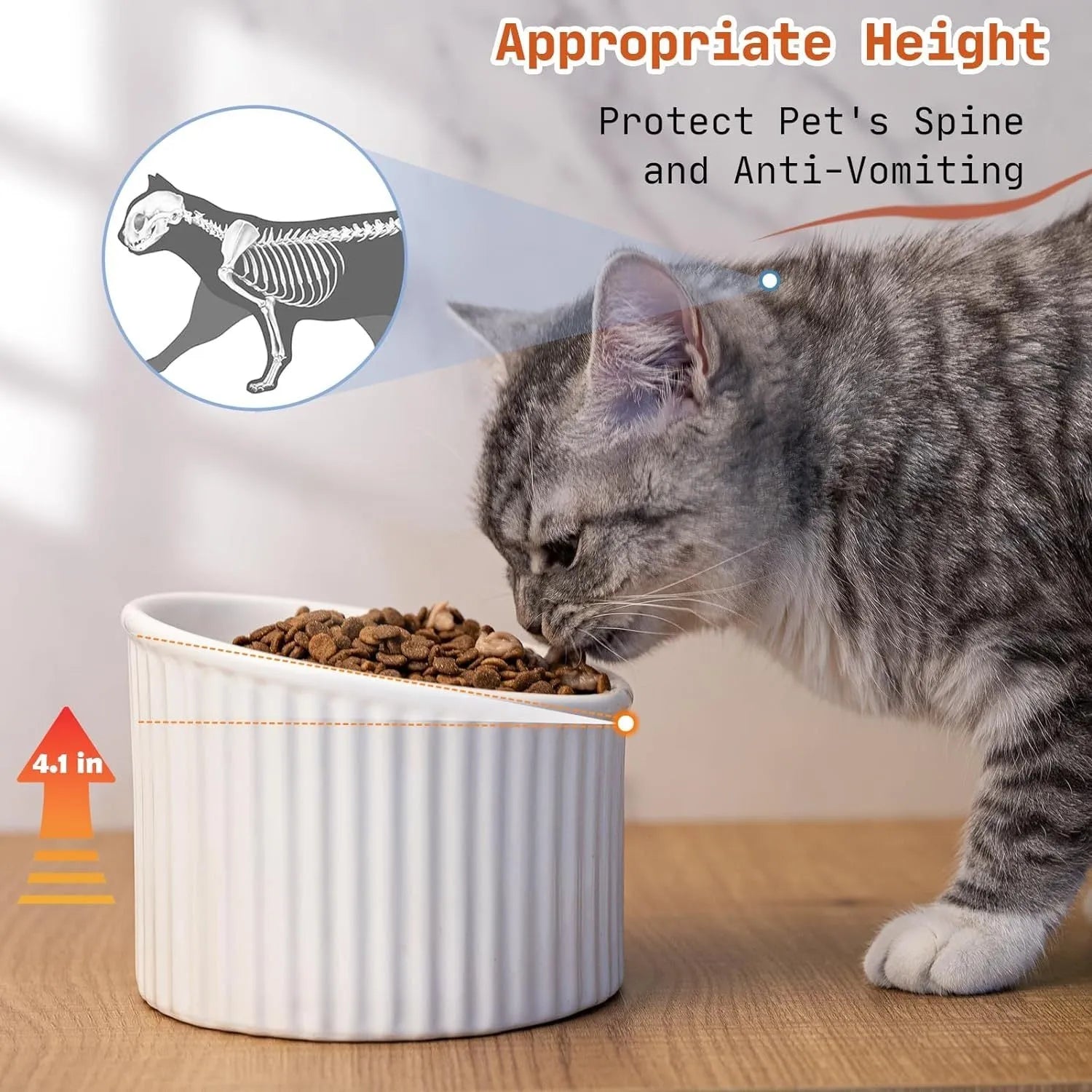 Ceramic elevated cat bowl in green or yellow with a tilted, round, whisker-friendly design.