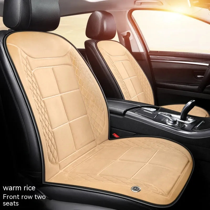 Automotive heating cushion on car seat in beige colour with cotton filler for winter comfort