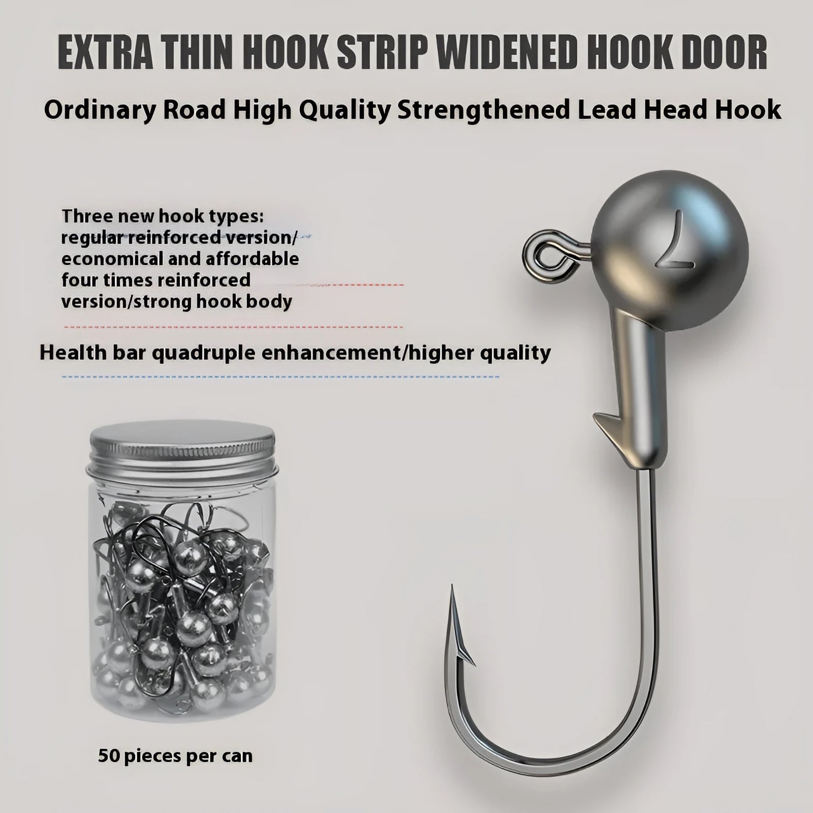 Set of 50 lead-headed steel jig hooks in primary colours for fishing.
