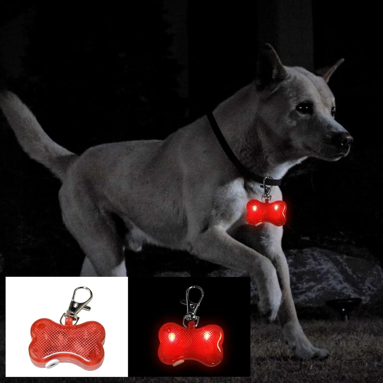 Blue bone-shaped LED luminous pendant for pet collar with three light mode settings.