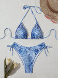 Women's denim printed bikini set with strap design in denim blue colour