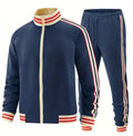Khaki coloured polyester turtleneck zipper cardigan and matching trousers suit laid flat.