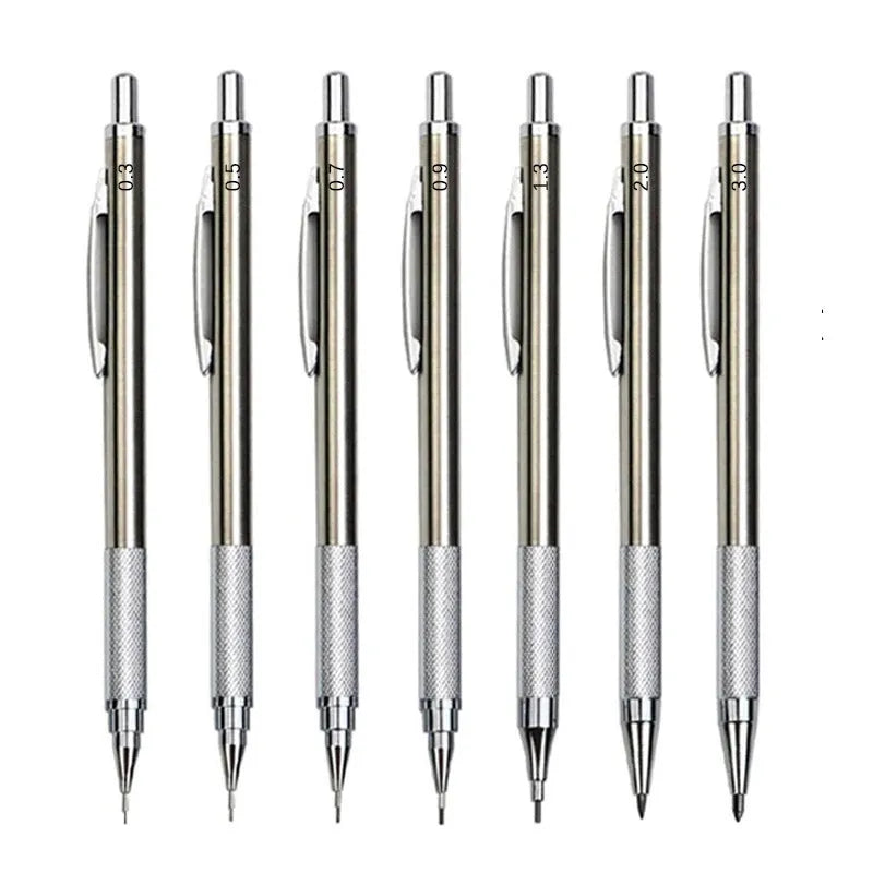 Metal automatic mechanical pencil with multiple lead size options including 0.5mm, 0.7mm, 0.9mm, 1.3mm, and 2.0mm