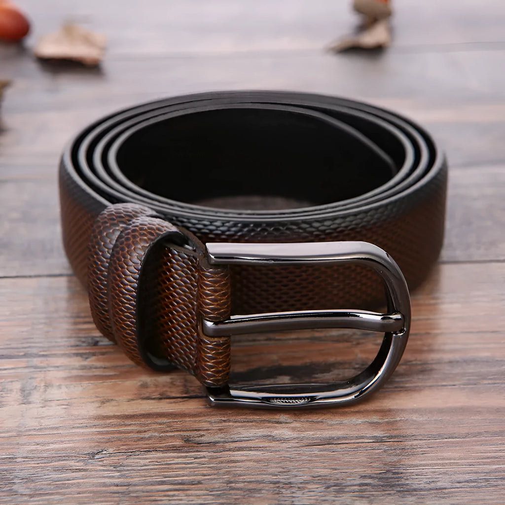 Men's imitation leather business belt with alloy pin buckle in elephant pattern design