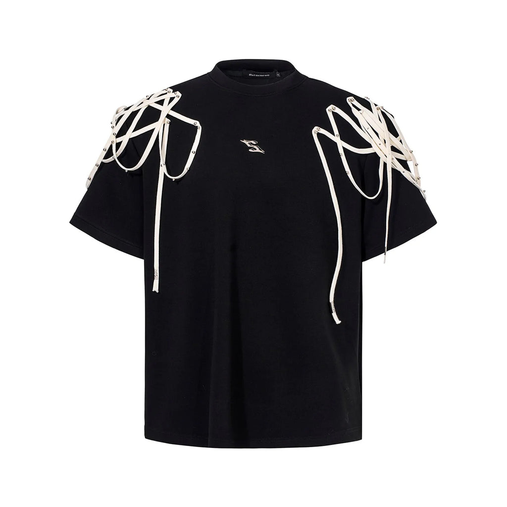 Black women's T-shirt with rivet ribbon padded shoulders and loose fit short sleeve design