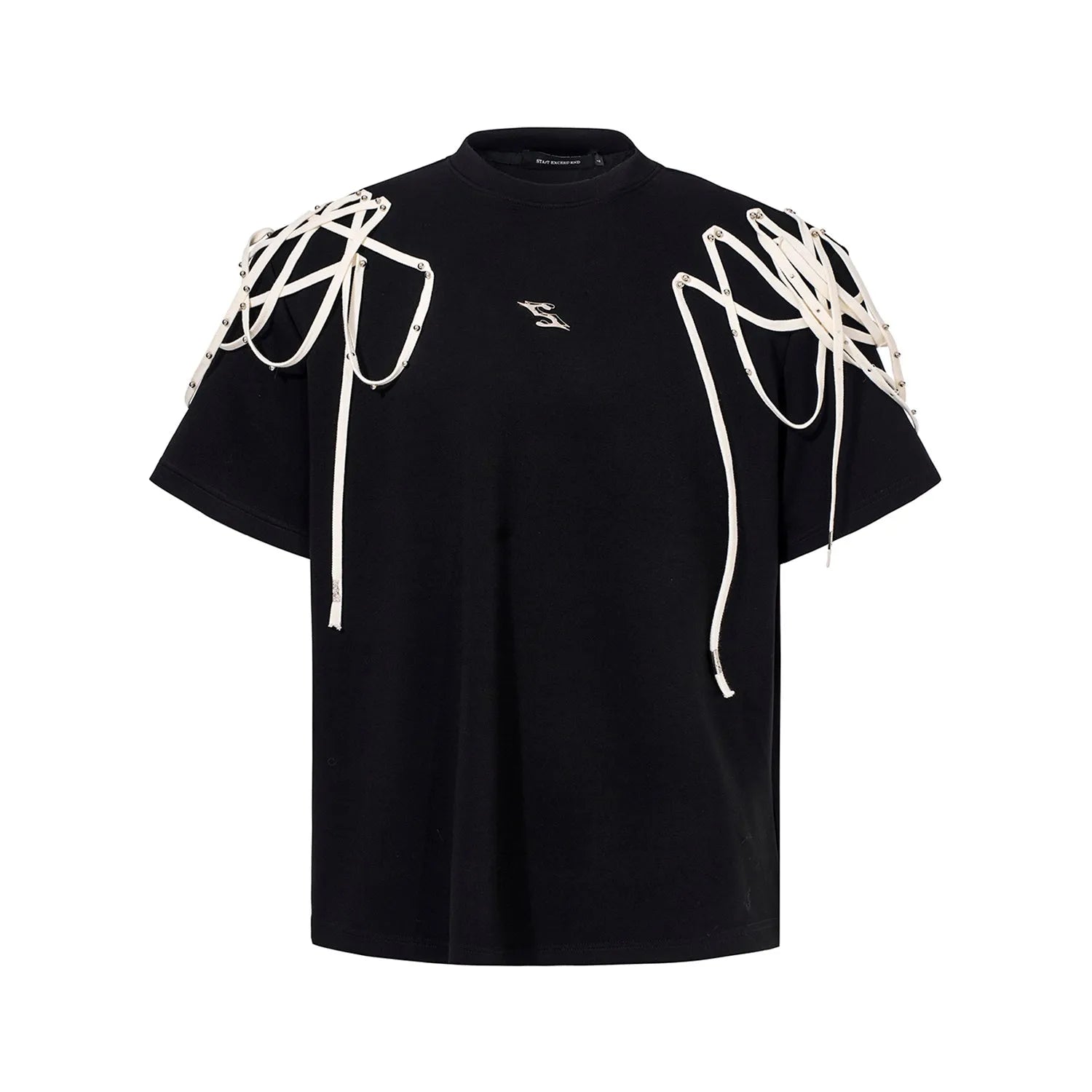 Black women's T-shirt with rivet ribbon padded shoulders and loose fit short sleeve design